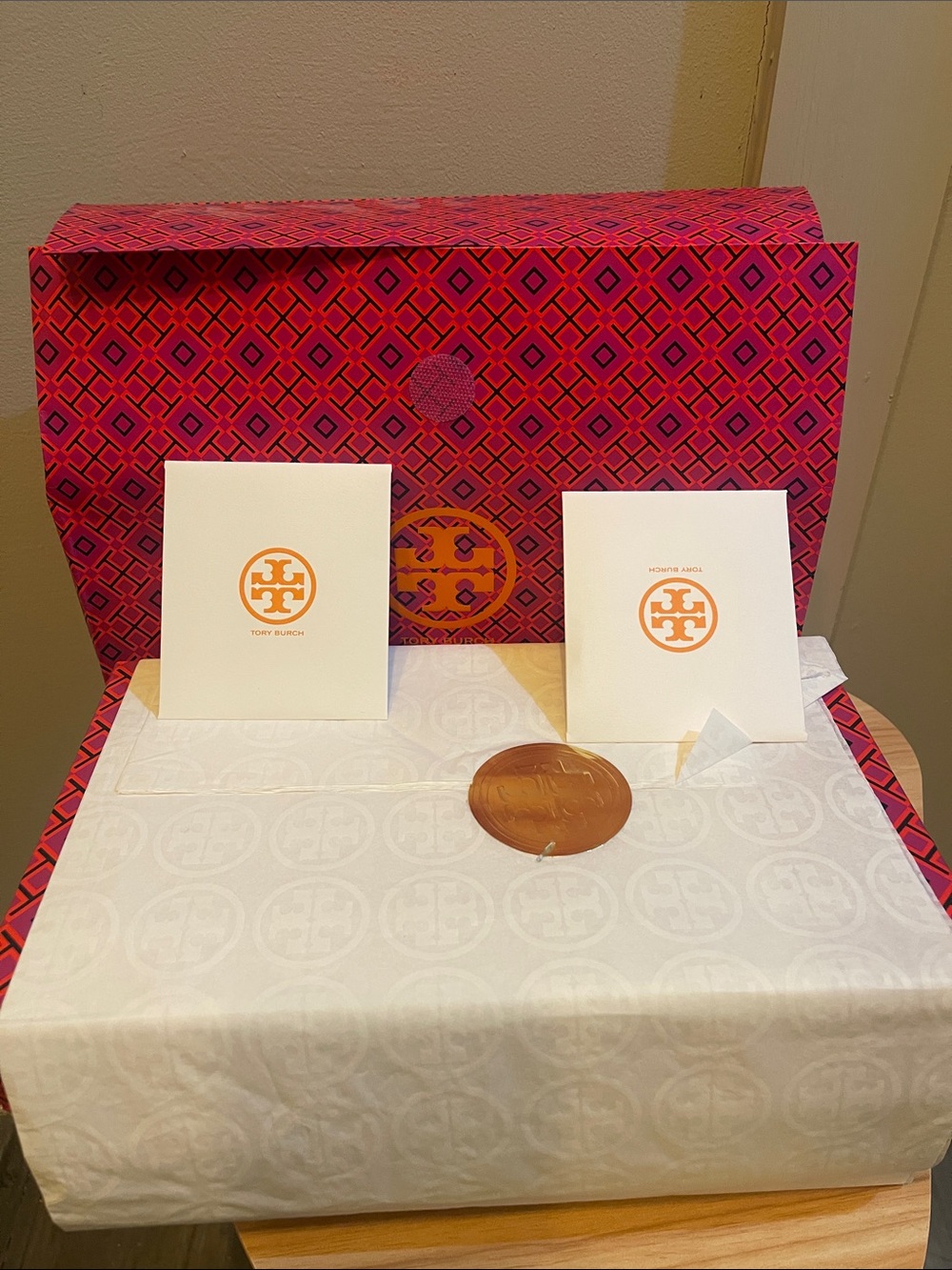 Tory Burch Hot Pink and Orange Patterned Gift Box & Dust Bag with Branded Tissue